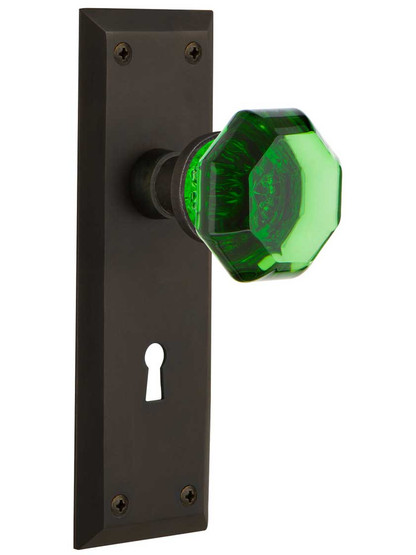 New York Mortise Lock Set with Colored Waldorf Crystal Glass Knobs Emerald in Oil-Rubbed Bronze.